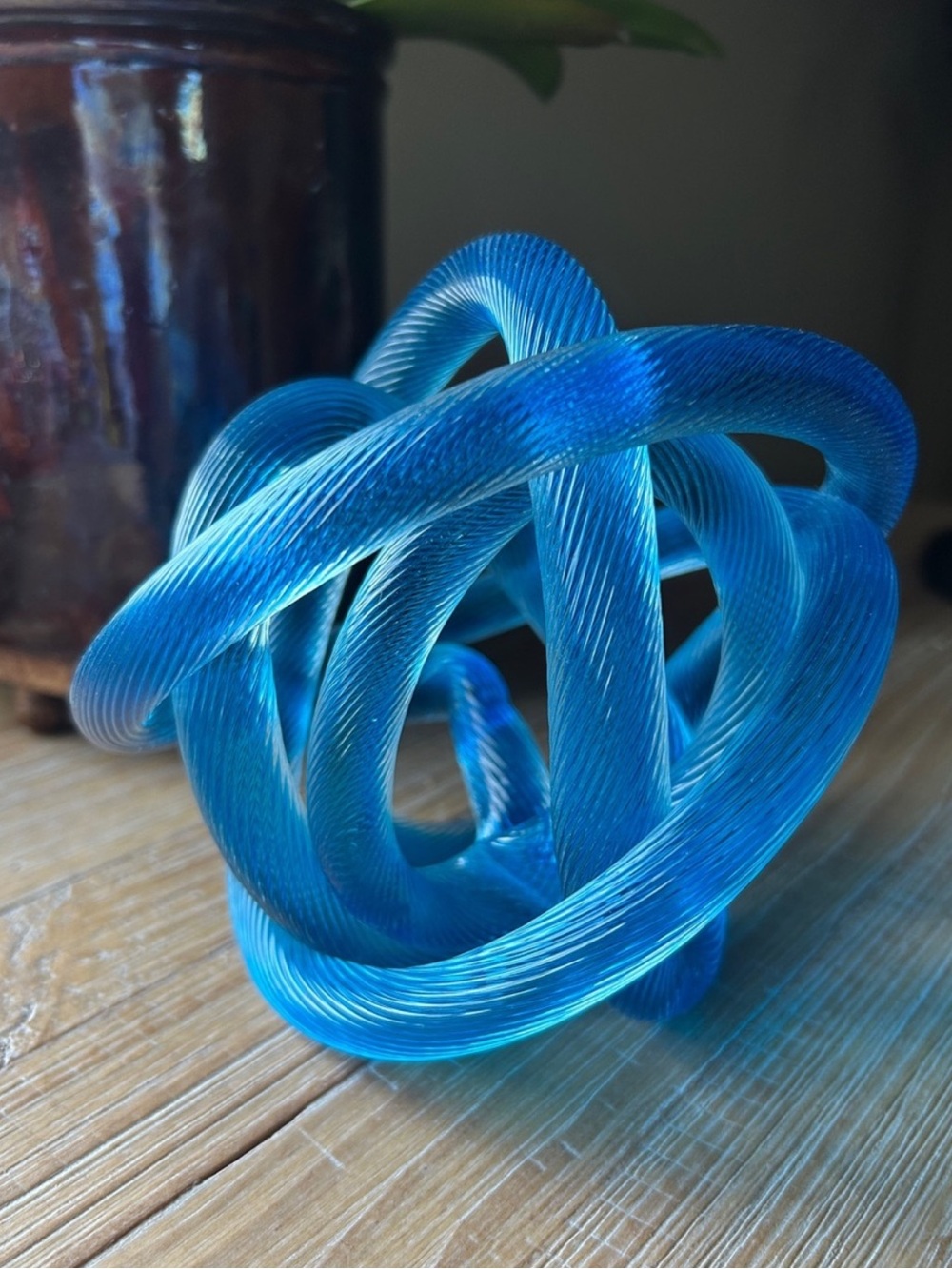 Large Vintage MCM Blue Art Glass Orb Twisted Rope Knot Hand Blown Sculpture. - Picture 5 of 11